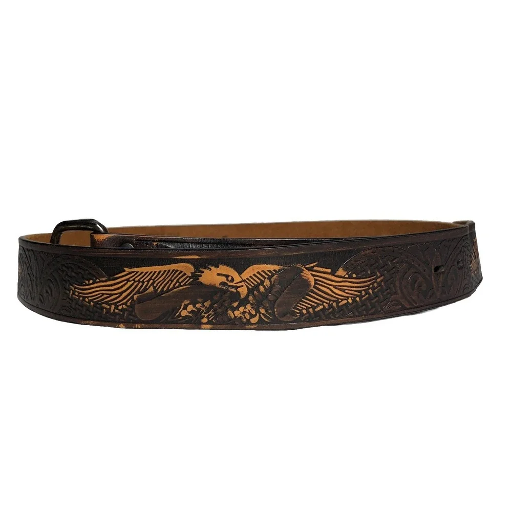 VTG Wrangler Belt Mens‎ 44 Tooled Genuine Leather American Bald Eagle Brown